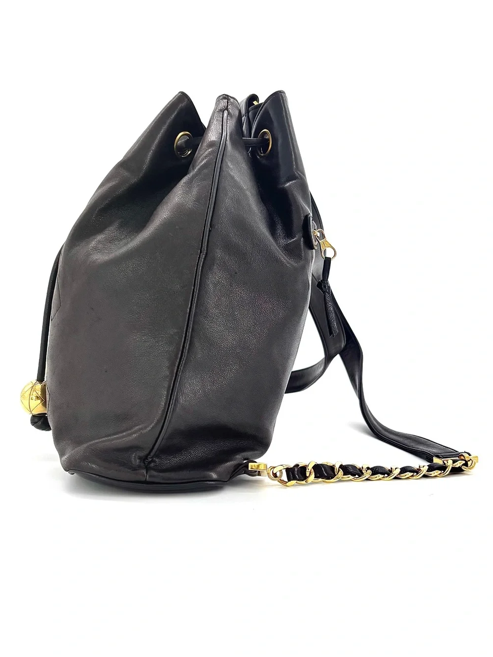 Chanel Vintage Black Lambskin Timeless CC Drawstring Backpack Gold Hardware